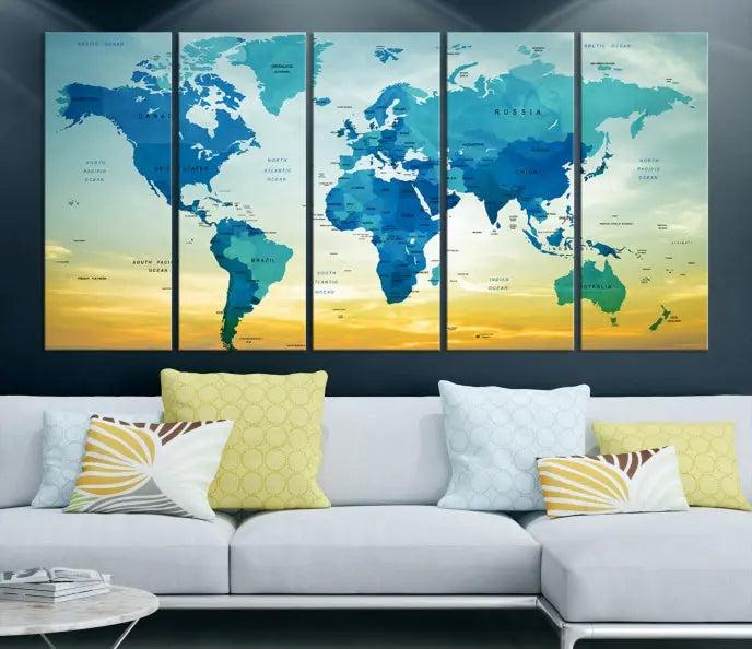 The Wall Art World Map Canvas Print, complete with a UV-protective coating, beautifully adorns the living room wall.