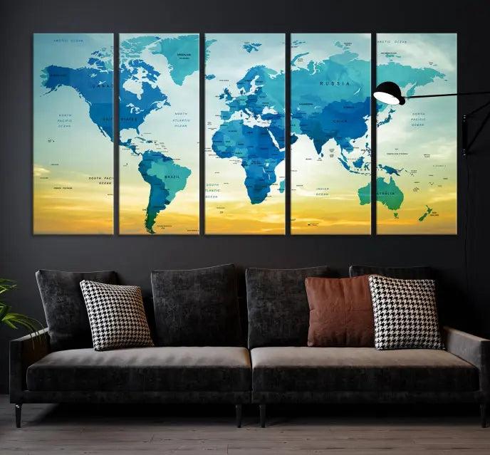 The Wall Art World Map Canvas Print, complete with a UV-protective coating, beautifully adorns the living room wall.