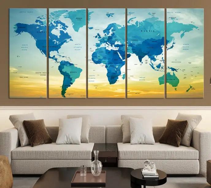 The Wall Art World Map Canvas Print, complete with a UV-protective coating, beautifully adorns the living room wall.