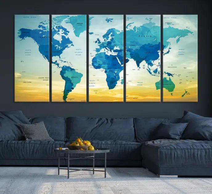 The Wall Art World Map Canvas Print, complete with a UV-protective coating, beautifully adorns the living room wall.