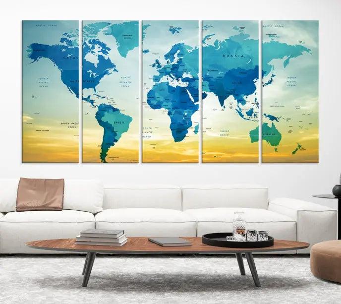 The Wall Art World Map Canvas Print, complete with a UV-protective coating, beautifully adorns the living room wall.