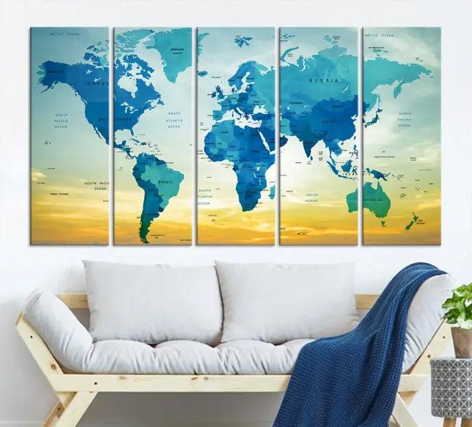 The Wall Art World Map Canvas Print, complete with a UV-protective coating, beautifully adorns the living room wall.