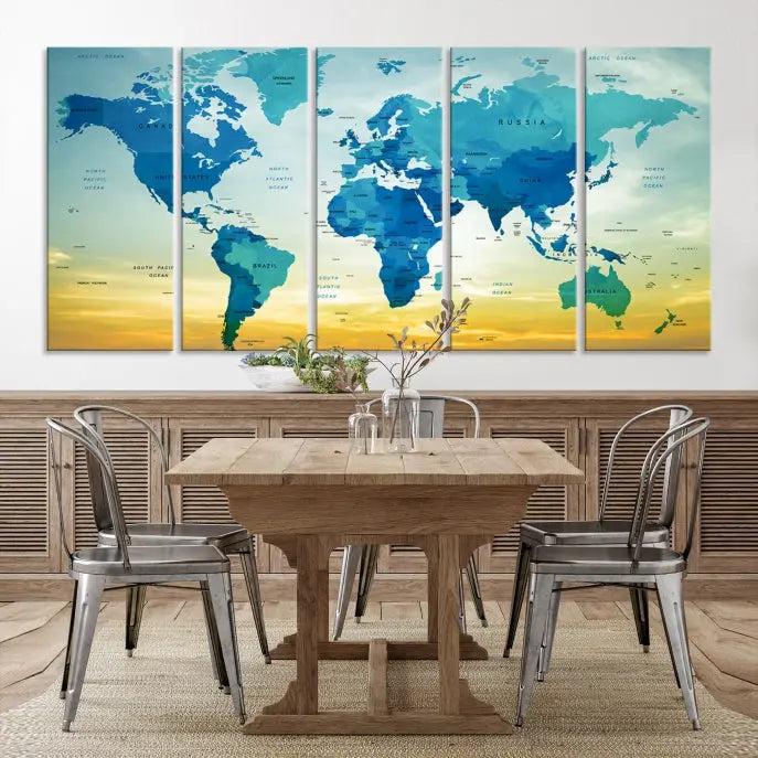 The Wall Art World Map Canvas Print, complete with a UV-protective coating, beautifully adorns the living room wall.