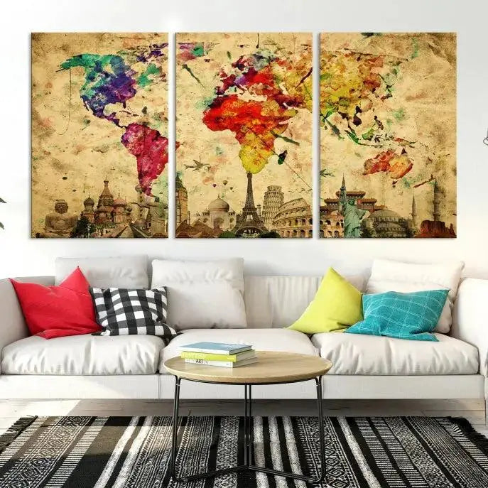 A vibrant triptych world map from the Wall Art World Map Canvas Print collection adorns the wall, creating a cozy setting.