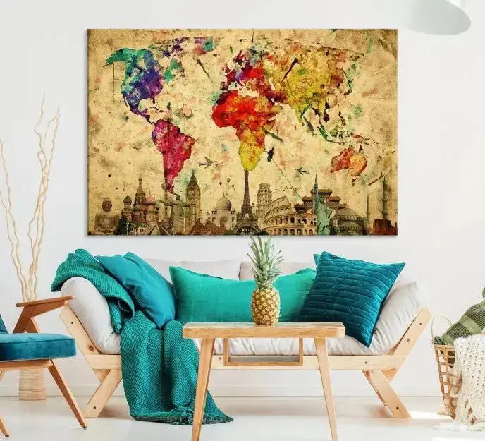 A vibrant triptych world map from the Wall Art World Map Canvas Print collection adorns the wall, creating a cozy setting.