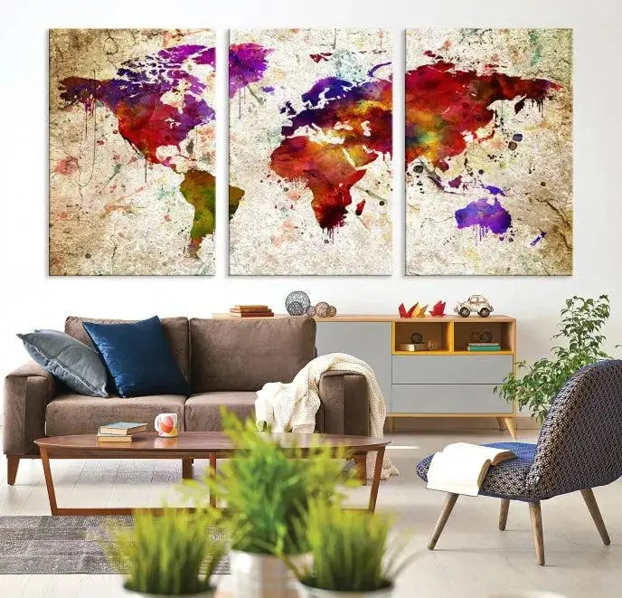 The Wall Art World Map Canvas Print, crafted on museum-quality canvas with vibrant colors, enhances the contemporary living room setting. Each piece is meticulously hand-assembled and finished with a UV-protective coating to ensure durability.