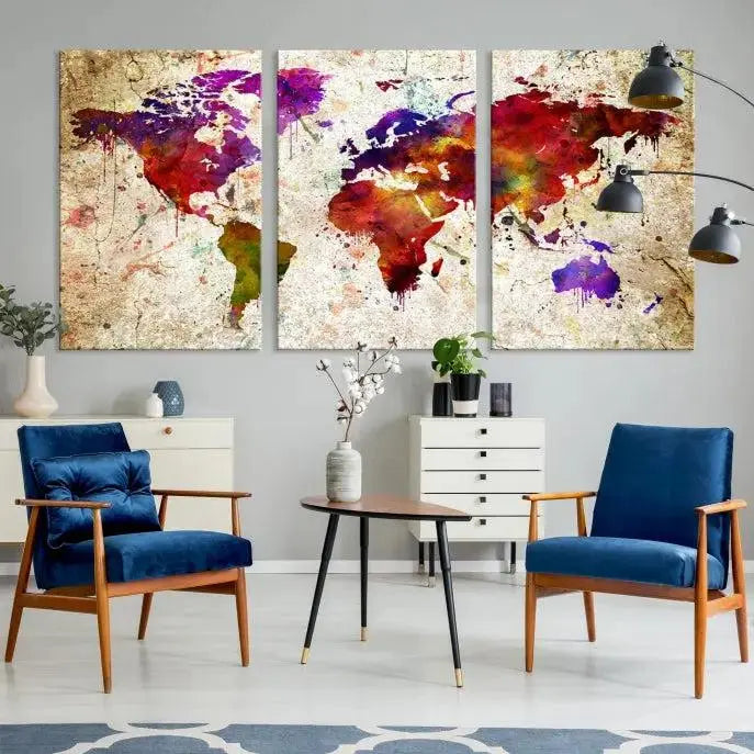 The Wall Art World Map Canvas Print, crafted on museum-quality canvas with vibrant colors, enhances the contemporary living room setting. Each piece is meticulously hand-assembled and finished with a UV-protective coating to ensure durability.