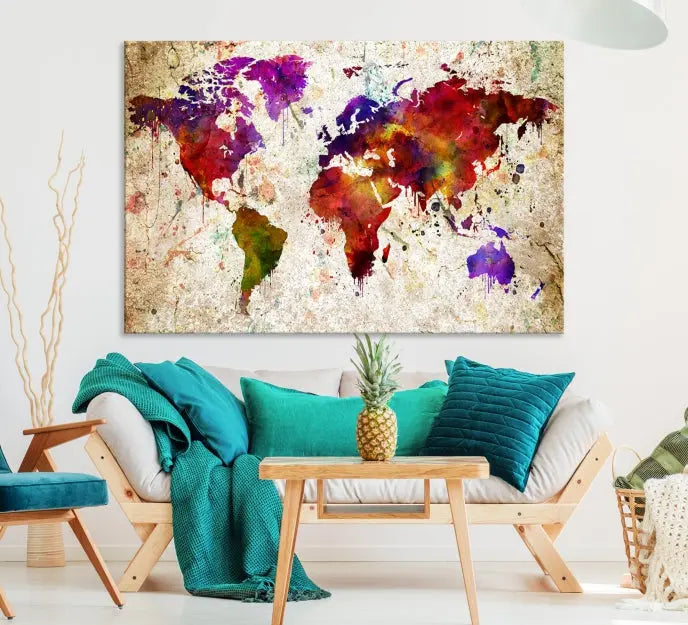 The Wall Art World Map Canvas Print, crafted on museum-quality canvas with vibrant colors, enhances the contemporary living room setting. Each piece is meticulously hand-assembled and finished with a UV-protective coating to ensure durability.