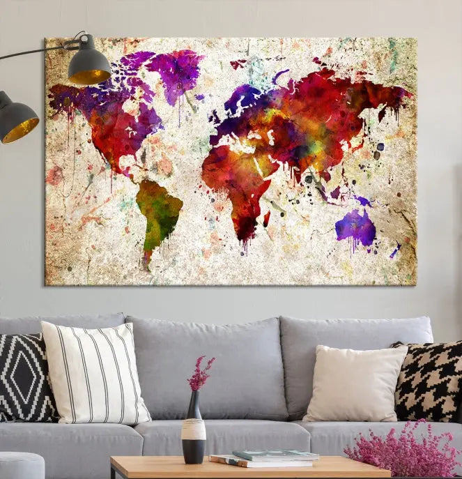 The Wall Art World Map Canvas Print, crafted on museum-quality canvas with vibrant colors, enhances the contemporary living room setting. Each piece is meticulously hand-assembled and finished with a UV-protective coating to ensure durability.