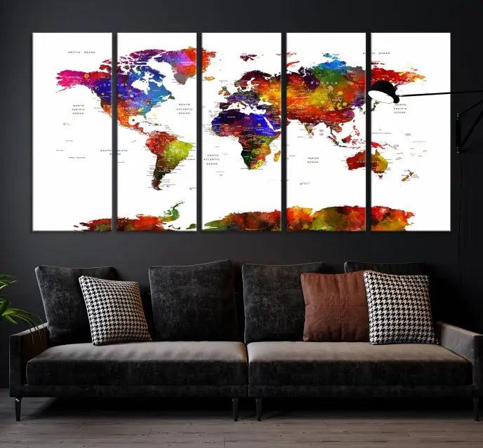 A vibrant "Wall Art World Map Watercolor Canvas Print" on museum-quality canvas stretches across five panels, presenting art that's ready to hang and protected by a UV-resistant coating.