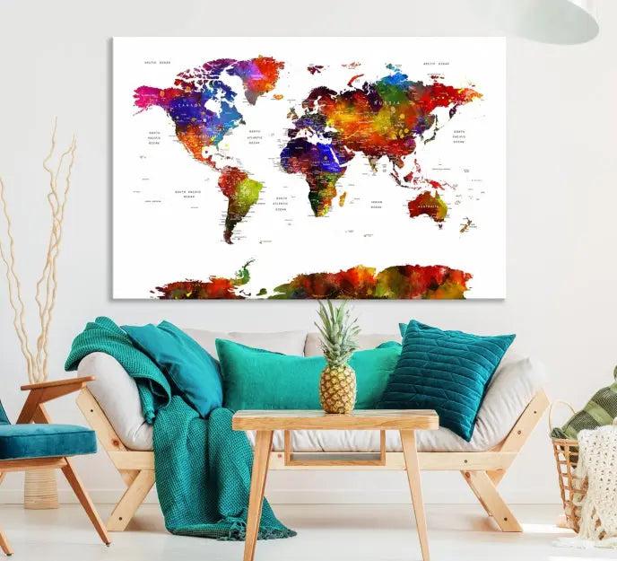 A vibrant "Wall Art World Map Watercolor Canvas Print" on museum-quality canvas stretches across five panels, presenting art that's ready to hang and protected by a UV-resistant coating.