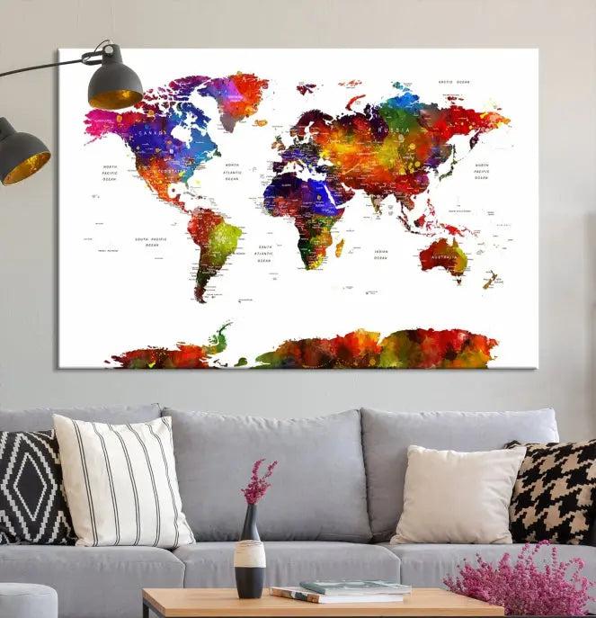 A vibrant "Wall Art World Map Watercolor Canvas Print" on museum-quality canvas stretches across five panels, presenting art that's ready to hang and protected by a UV-resistant coating.