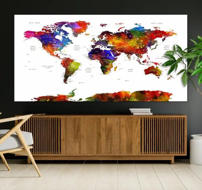 A vibrant "Wall Art World Map Watercolor Canvas Print" on museum-quality canvas stretches across five panels, presenting art that's ready to hang and protected by a UV-resistant coating.