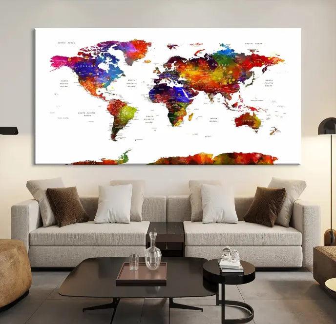 A vibrant "Wall Art World Map Watercolor Canvas Print" on museum-quality canvas stretches across five panels, presenting art that's ready to hang and protected by a UV-resistant coating.