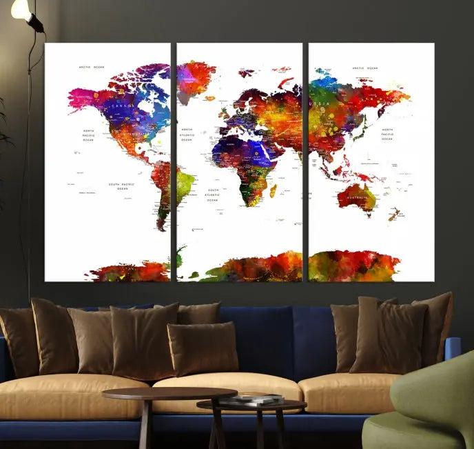 A vibrant "Wall Art World Map Watercolor Canvas Print" on museum-quality canvas stretches across five panels, presenting art that's ready to hang and protected by a UV-resistant coating.