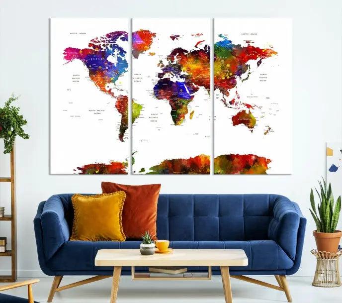 A vibrant "Wall Art World Map Watercolor Canvas Print" on museum-quality canvas stretches across five panels, presenting art that's ready to hang and protected by a UV-resistant coating.