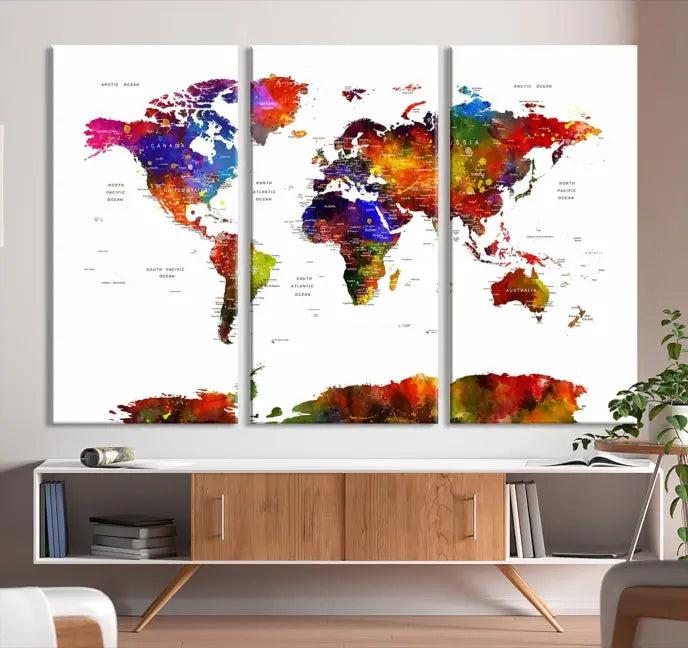 A vibrant "Wall Art World Map Watercolor Canvas Print" on museum-quality canvas stretches across five panels, presenting art that's ready to hang and protected by a UV-resistant coating.