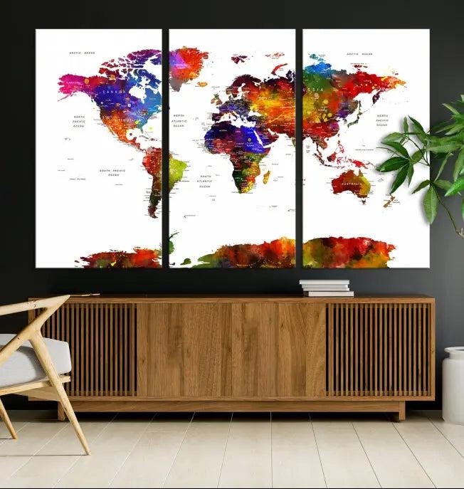 A vibrant "Wall Art World Map Watercolor Canvas Print" on museum-quality canvas stretches across five panels, presenting art that's ready to hang and protected by a UV-resistant coating.