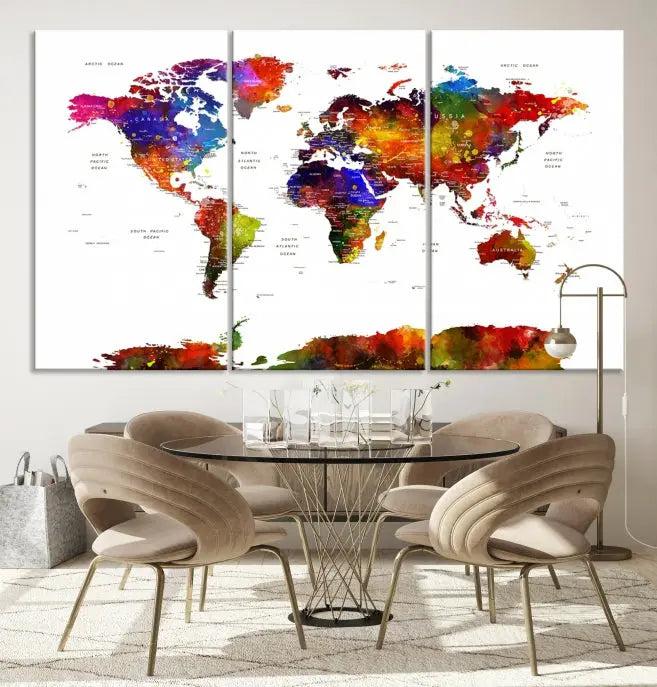 A vibrant "Wall Art World Map Watercolor Canvas Print" on museum-quality canvas stretches across five panels, presenting art that's ready to hang and protected by a UV-resistant coating.