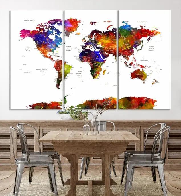 A vibrant "Wall Art World Map Watercolor Canvas Print" on museum-quality canvas stretches across five panels, presenting art that's ready to hang and protected by a UV-resistant coating.