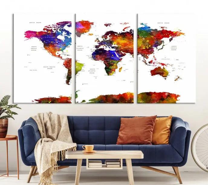 A vibrant "Wall Art World Map Watercolor Canvas Print" on museum-quality canvas stretches across five panels, presenting art that's ready to hang and protected by a UV-resistant coating.