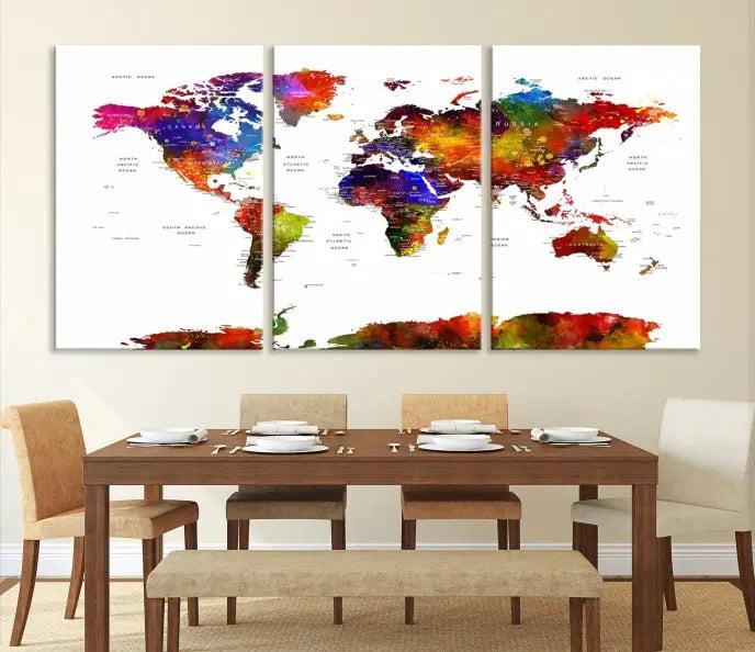 A vibrant "Wall Art World Map Watercolor Canvas Print" on museum-quality canvas stretches across five panels, presenting art that's ready to hang and protected by a UV-resistant coating.