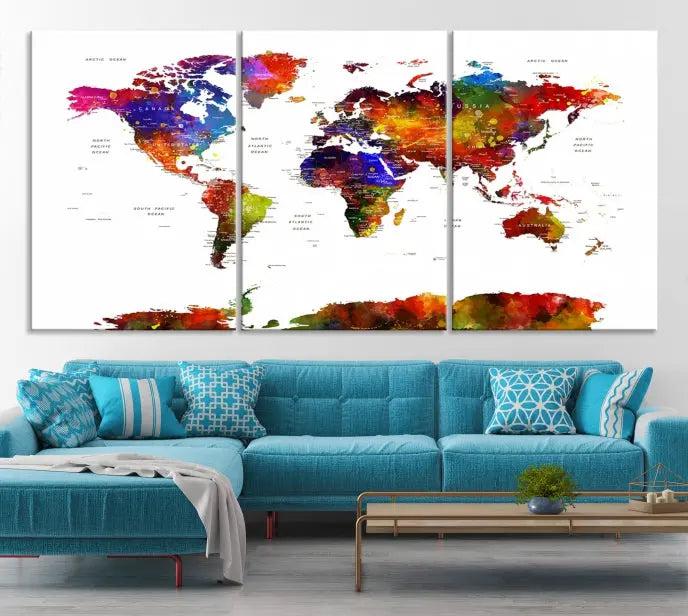 Wall Art World Map Watercolor Canvas Print 