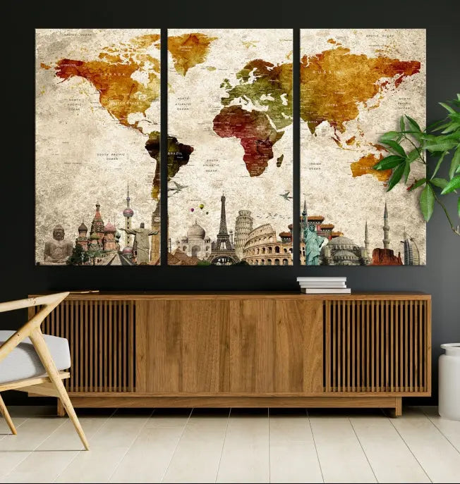 The Wall Art World Map with Wonders of the World Canvas Print Wall Art Painting adorns the space, gracefully showcasing landmarks and adding an artistic touch that blends style and elegance seamlessly.