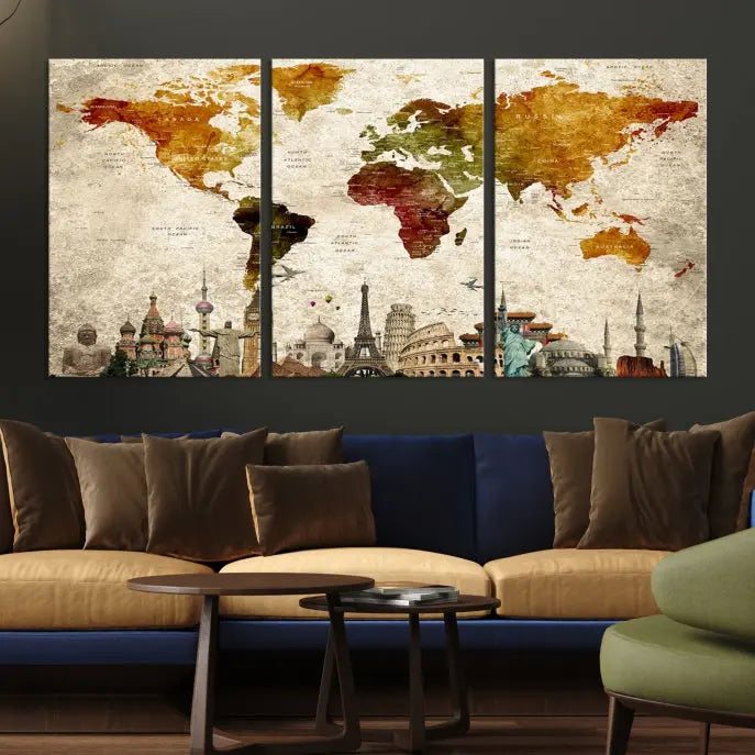 The Wall Art World Map with Wonders of the World Canvas Print Wall Art Painting adorns the space, gracefully showcasing landmarks and adding an artistic touch that blends style and elegance seamlessly.