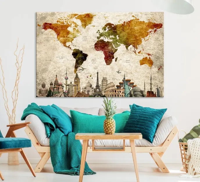 The Wall Art World Map with Wonders of the World Canvas Print Wall Art Painting adorns the space, gracefully showcasing landmarks and adding an artistic touch that blends style and elegance seamlessly.