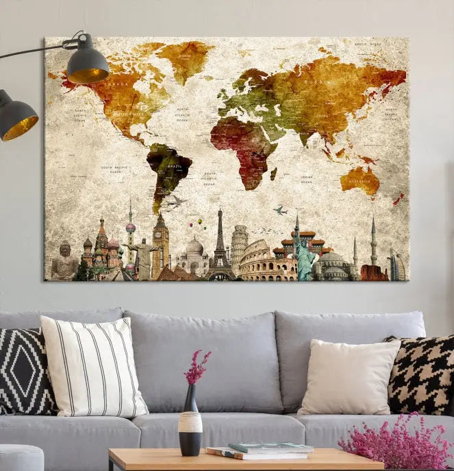 The Wall Art World Map with Wonders of the World Canvas Print Wall Art Painting adorns the space, gracefully showcasing landmarks and adding an artistic touch that blends style and elegance seamlessly.