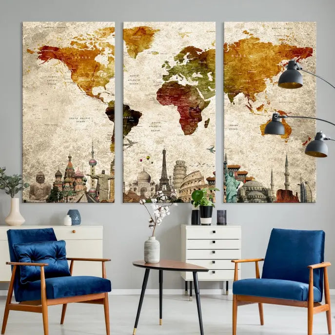 The Wall Art World Map with Wonders of the World Canvas Print Wall Art Painting adorns the space, gracefully showcasing landmarks and adding an artistic touch that blends style and elegance seamlessly.