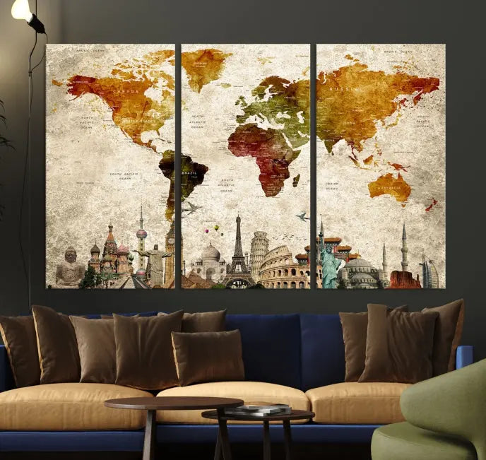 The Wall Art World Map with Wonders of the World Canvas Print Wall Art Painting adorns the space, gracefully showcasing landmarks and adding an artistic touch that blends style and elegance seamlessly.