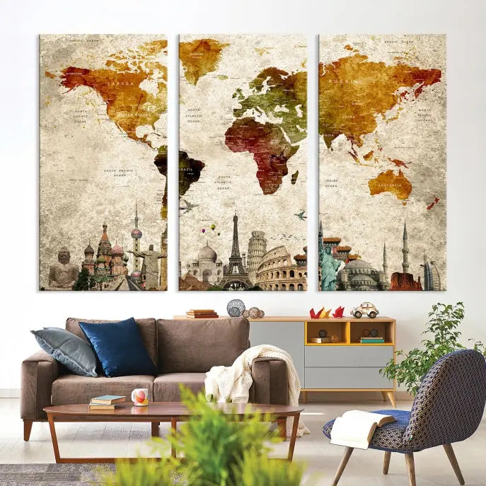 The Wall Art World Map with Wonders of the World Canvas Print Wall Art Painting adorns the space, gracefully showcasing landmarks and adding an artistic touch that blends style and elegance seamlessly.