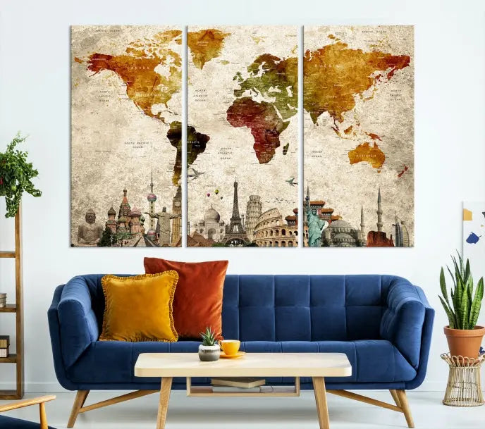 The Wall Art World Map with Wonders of the World Canvas Print Wall Art Painting adorns the space, gracefully showcasing landmarks and adding an artistic touch that blends style and elegance seamlessly.