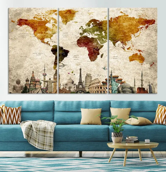 The Wall Art World Map with Wonders of the World Canvas Print Wall Art Painting adorns the space, gracefully showcasing landmarks and adding an artistic touch that blends style and elegance seamlessly.