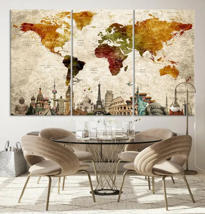 The Wall Art World Map with Wonders of the World Canvas Print Wall Art Painting adorns the space, gracefully showcasing landmarks and adding an artistic touch that blends style and elegance seamlessly.