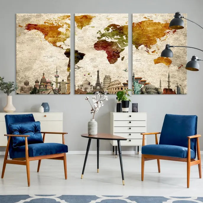 The Wall Art World Map with Wonders of the World Canvas Print Wall Art Painting adorns the space, gracefully showcasing landmarks and adding an artistic touch that blends style and elegance seamlessly.