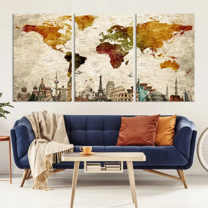 The Wall Art World Map with Wonders of the World Canvas Print Wall Art Painting adorns the space, gracefully showcasing landmarks and adding an artistic touch that blends style and elegance seamlessly.