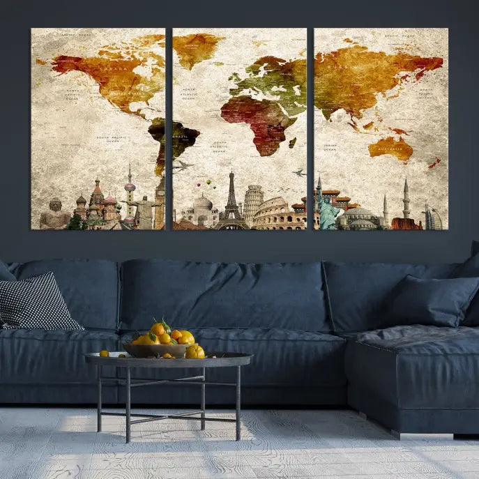 The Wall Art World Map with Wonders of the World Canvas Print Wall Art Painting adorns the space, gracefully showcasing landmarks and adding an artistic touch that blends style and elegance seamlessly.