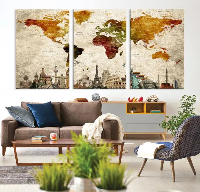 The Wall Art World Map with Wonders of the World Canvas Print Wall Art Painting adorns the space, gracefully showcasing landmarks and adding an artistic touch that blends style and elegance seamlessly.