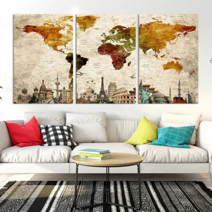 The Wall Art World Map with Wonders of the World Canvas Print Wall Art Painting adorns the space, gracefully showcasing landmarks and adding an artistic touch that blends style and elegance seamlessly.