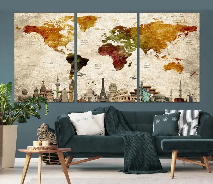 The Wall Art World Map with Wonders of the World Canvas Print Wall Art Painting adorns the space, gracefully showcasing landmarks and adding an artistic touch that blends style and elegance seamlessly.