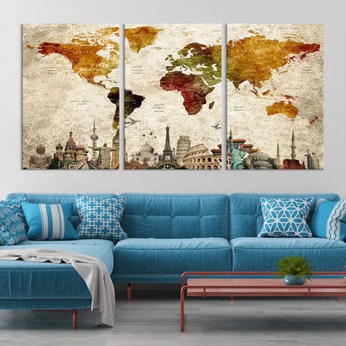 The Wall Art World Map with Wonders of the World Canvas Print Wall Art Painting adorns the space, gracefully showcasing landmarks and adding an artistic touch that blends style and elegance seamlessly.