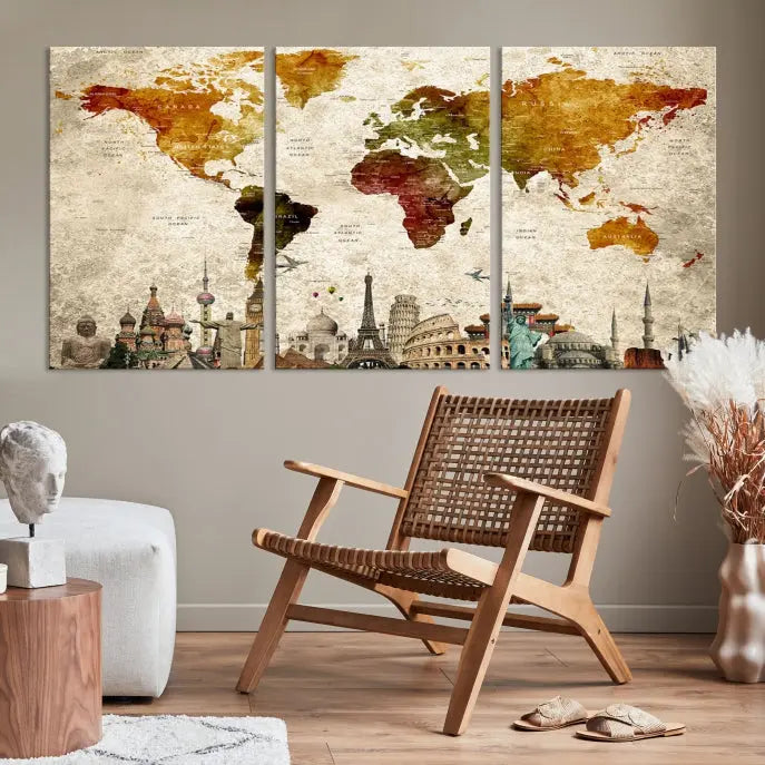 The Wall Art World Map with Wonders of the World Canvas Print Wall Art Painting adorns the space, gracefully showcasing landmarks and adding an artistic touch that blends style and elegance seamlessly.