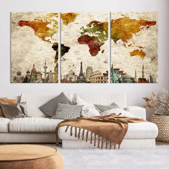 The Wall Art World Map with Wonders of the World Canvas Print Wall Art Painting adorns the space, gracefully showcasing landmarks and adding an artistic touch that blends style and elegance seamlessly.