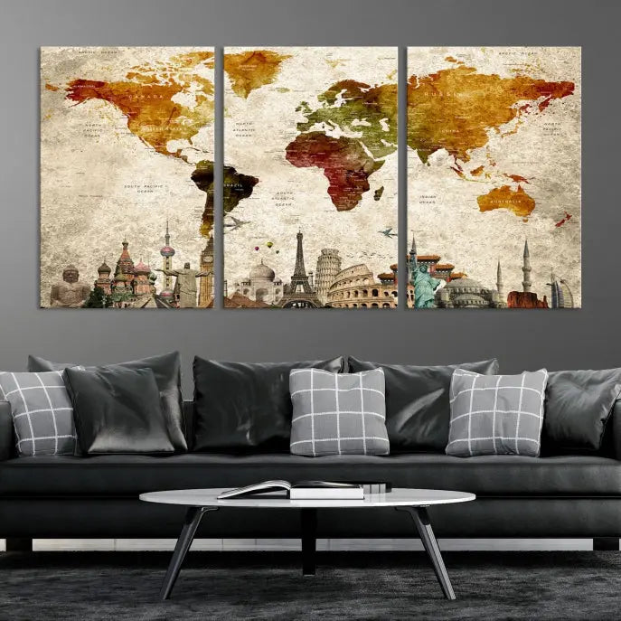 The Wall Art World Map with Wonders of the World Canvas Print Wall Art Painting adorns the space, gracefully showcasing landmarks and adding an artistic touch that blends style and elegance seamlessly.