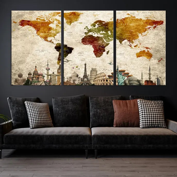 The Wall Art World Map with Wonders of the World Canvas Print Wall Art Painting adorns the space, gracefully showcasing landmarks and adding an artistic touch that blends style and elegance seamlessly.