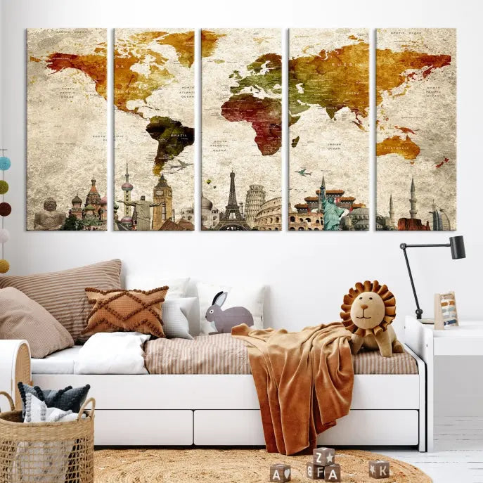 The Wall Art World Map with Wonders of the World Canvas Print Wall Art Painting adorns the space, gracefully showcasing landmarks and adding an artistic touch that blends style and elegance seamlessly.