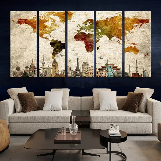 The Wall Art World Map with Wonders of the World Canvas Print Wall Art Painting adorns the space, gracefully showcasing landmarks and adding an artistic touch that blends style and elegance seamlessly.